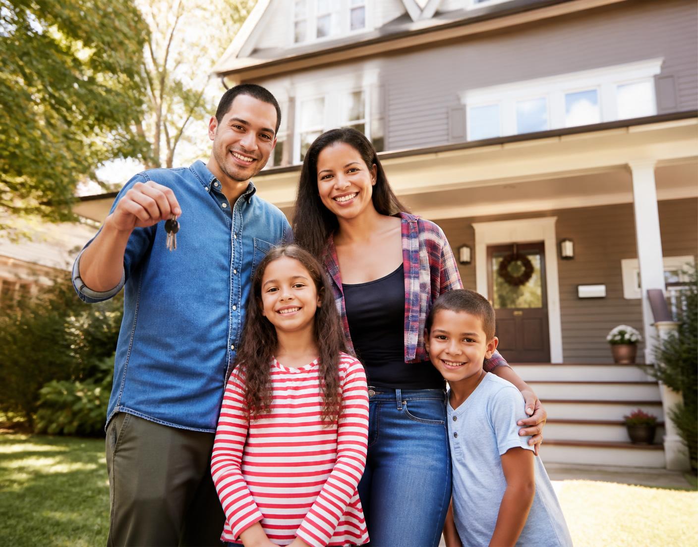 Family standing in front of their American home